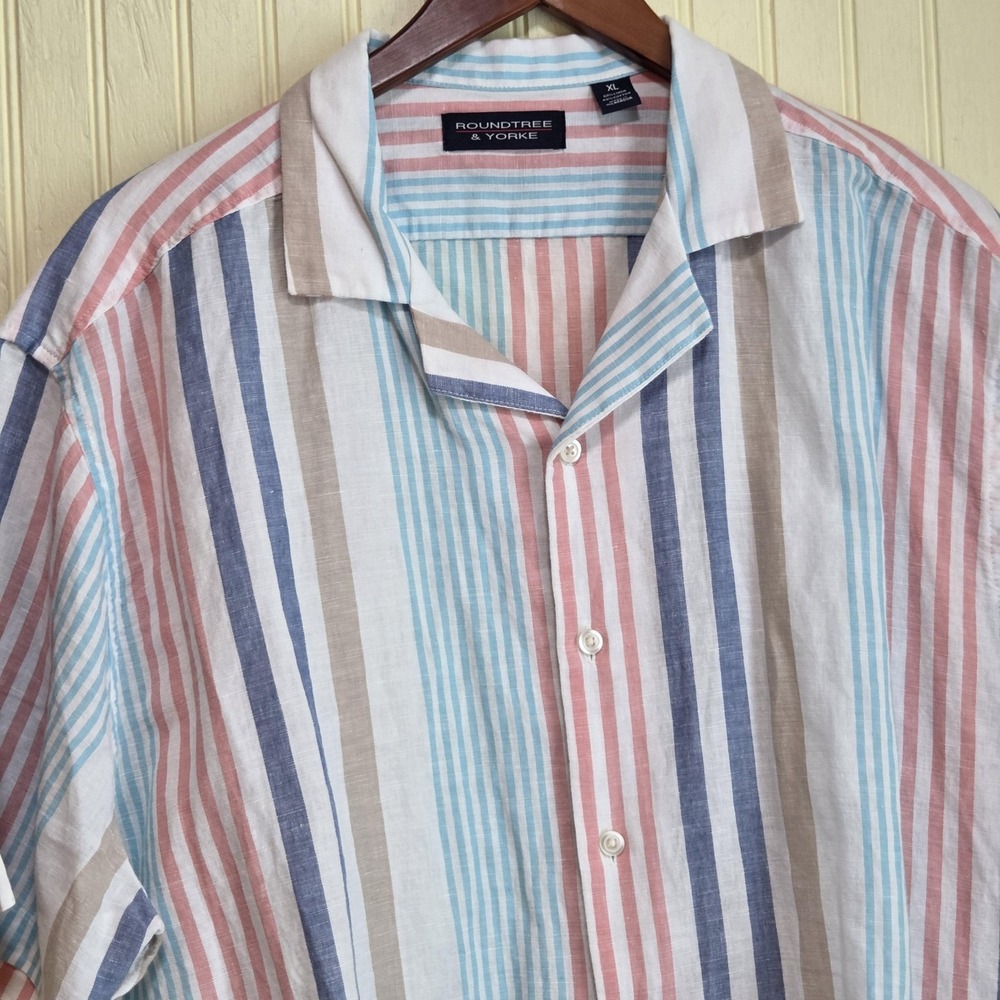 Roundtree & Yorke Shirt Mens XL Multicolor Stripe Short Sleeve Linen Cotton